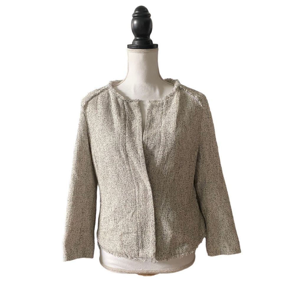 LOFT Outlet Tweed  Cropped & Frayed Jacket Blazer Pink Cream Multi Women’s US 8
